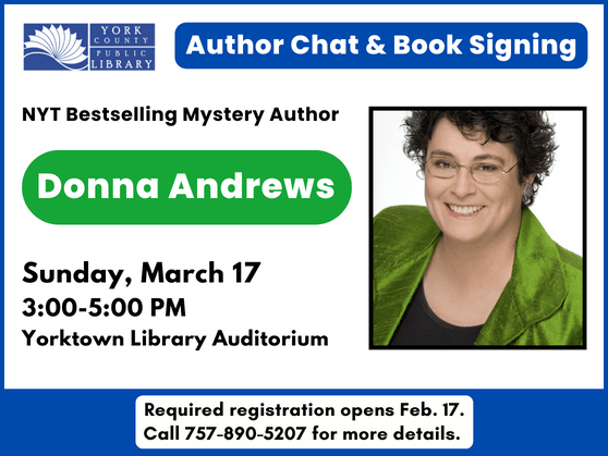 Bestselling author Donna Andrews coming to Yorktown Library in March